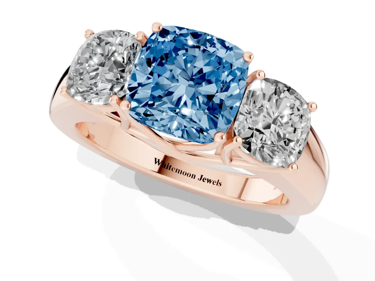 Fancy Blue Three-Stone Cushion Cut Cut Diamond Ring with Prong Setting and Classic Band Rose gold