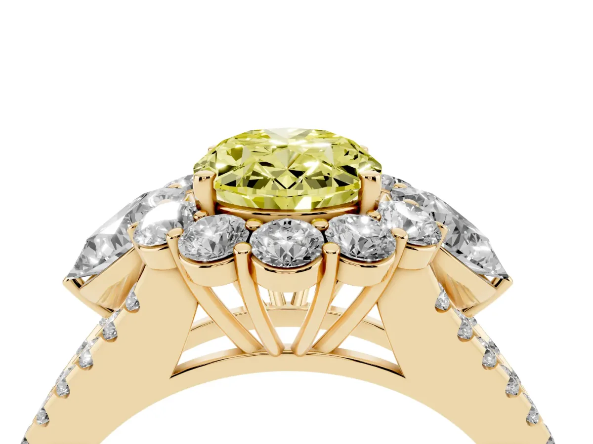 Fancy Yellow Oval Cut Halo Split Shank Diamond Engagement Ring with Prong Setting Yellow gold