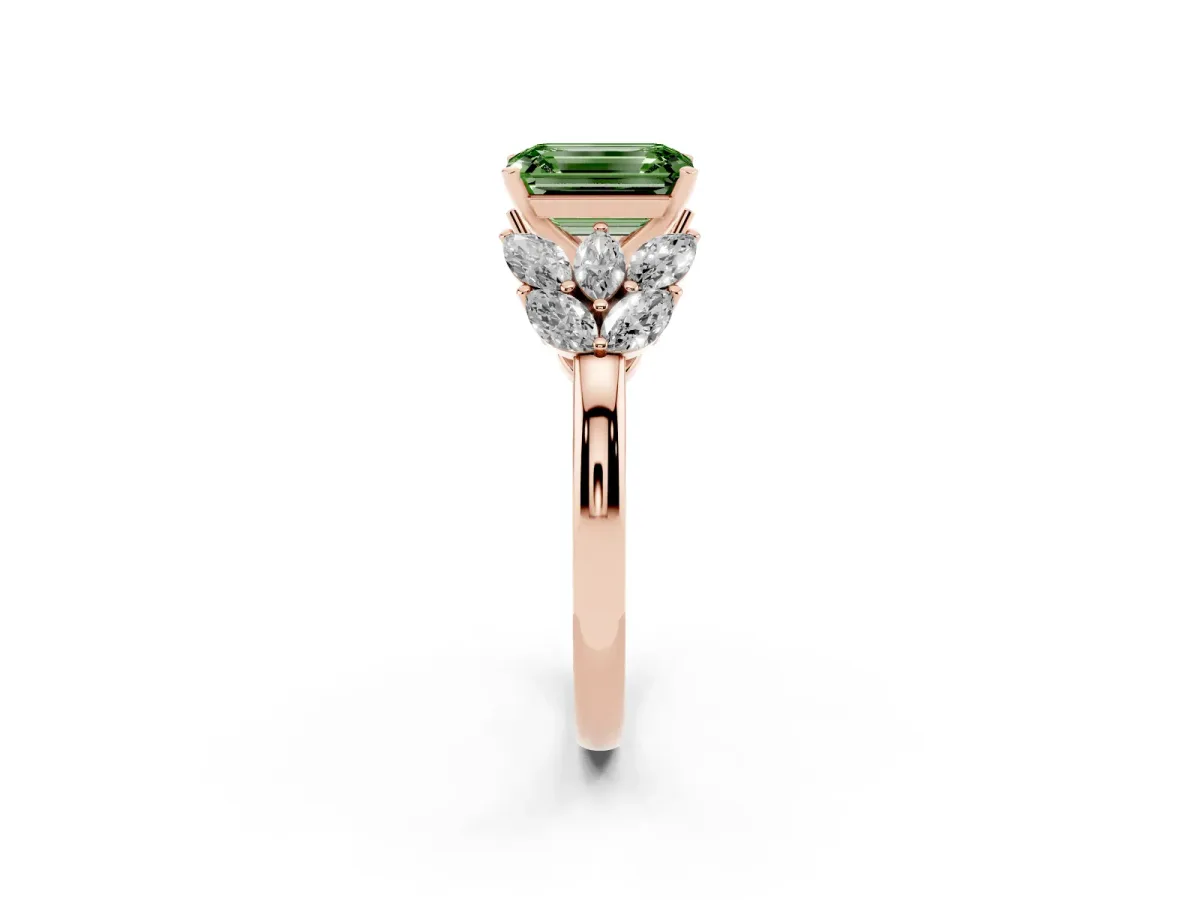 Fancy Green Emerald Cut Diamond Cluster Leaf Design Ring with Prong Setting Rose gold