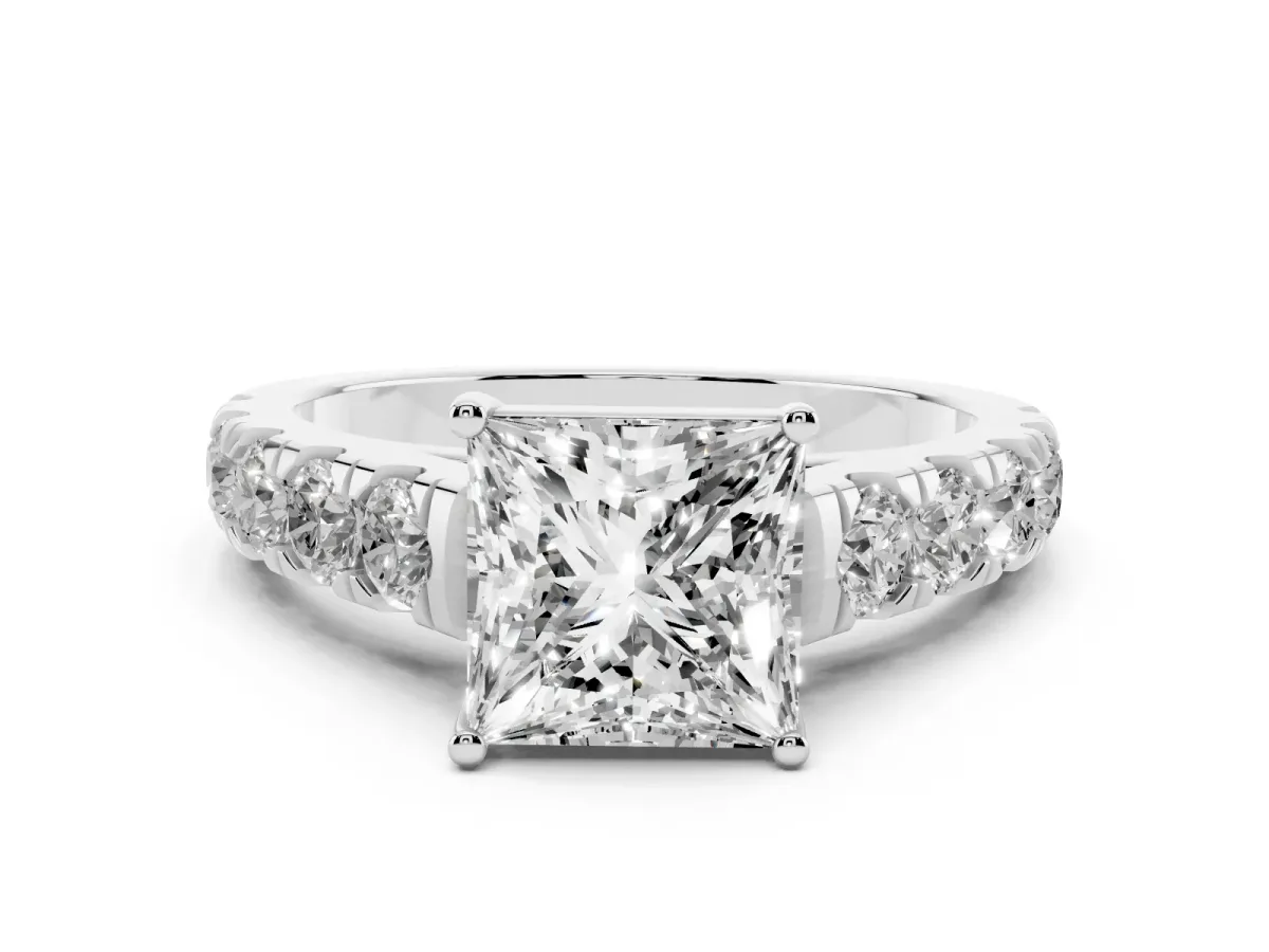 Princess Cut Cut Diamond Solitaire Ring with Micro Pave Band and Prong Setting Silver