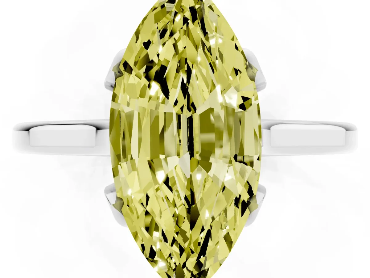 Fancy Yellow Marquise Cut Diamond Solitaire Ring with Flower Prong Setting and Classic Band White gold