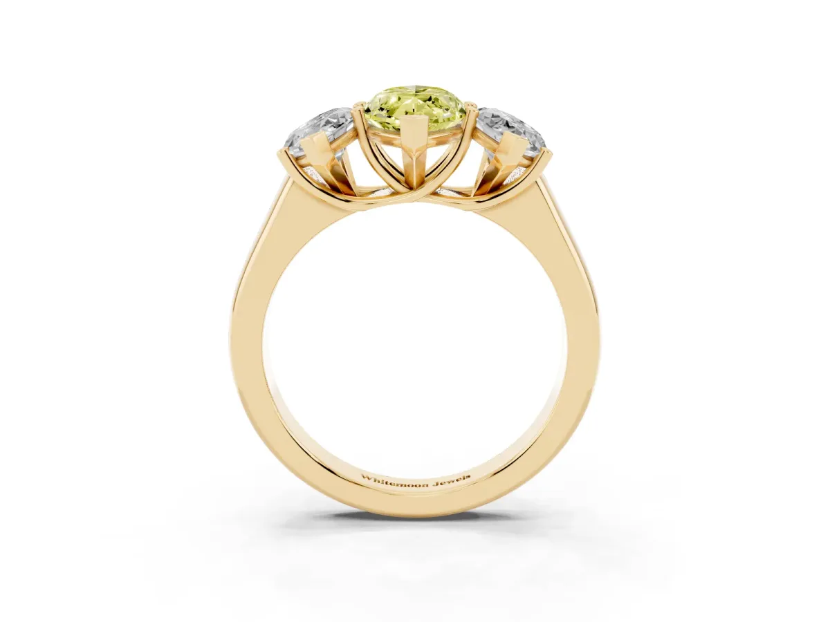 Fancy Yellow Marquise Cut Three-Stone Diamond Ring with Prong Setting on a Classic Band Yellow gold