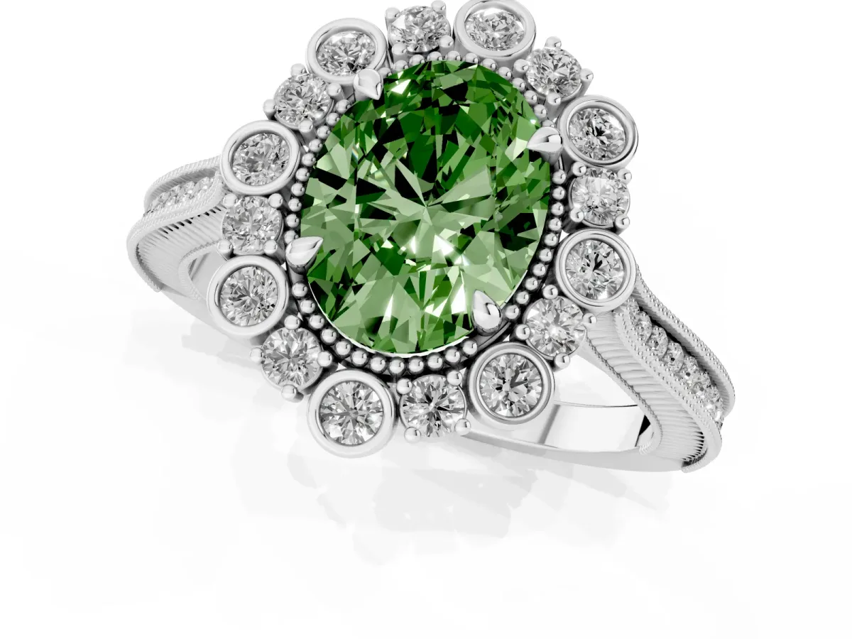 Fancy Green Oval Cut Halo Milgrain Pave Diamond Ring with Four-Prong Setting Silver