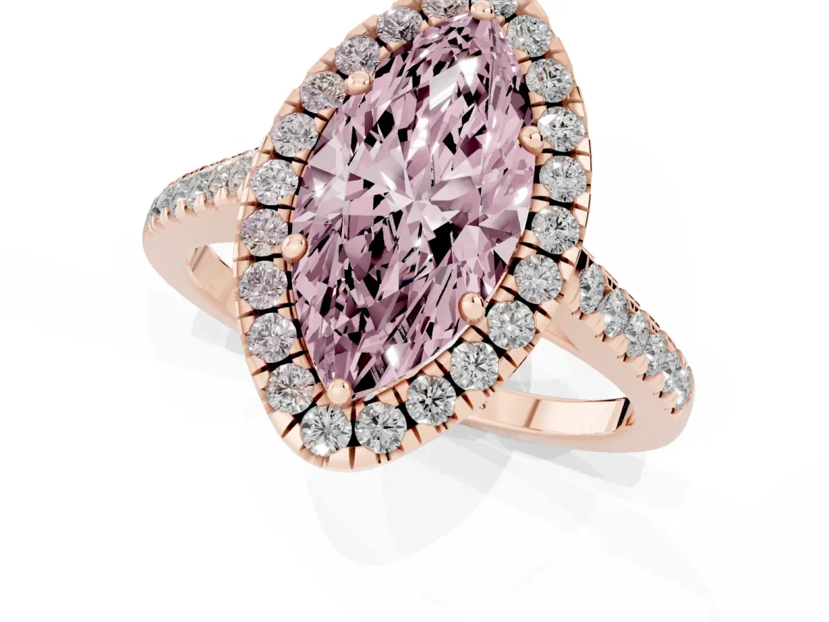 Fancy Pink Marquise Cut Halo Pavé Diamond Engagement Ring with Four-Prong Setting Rose gold
