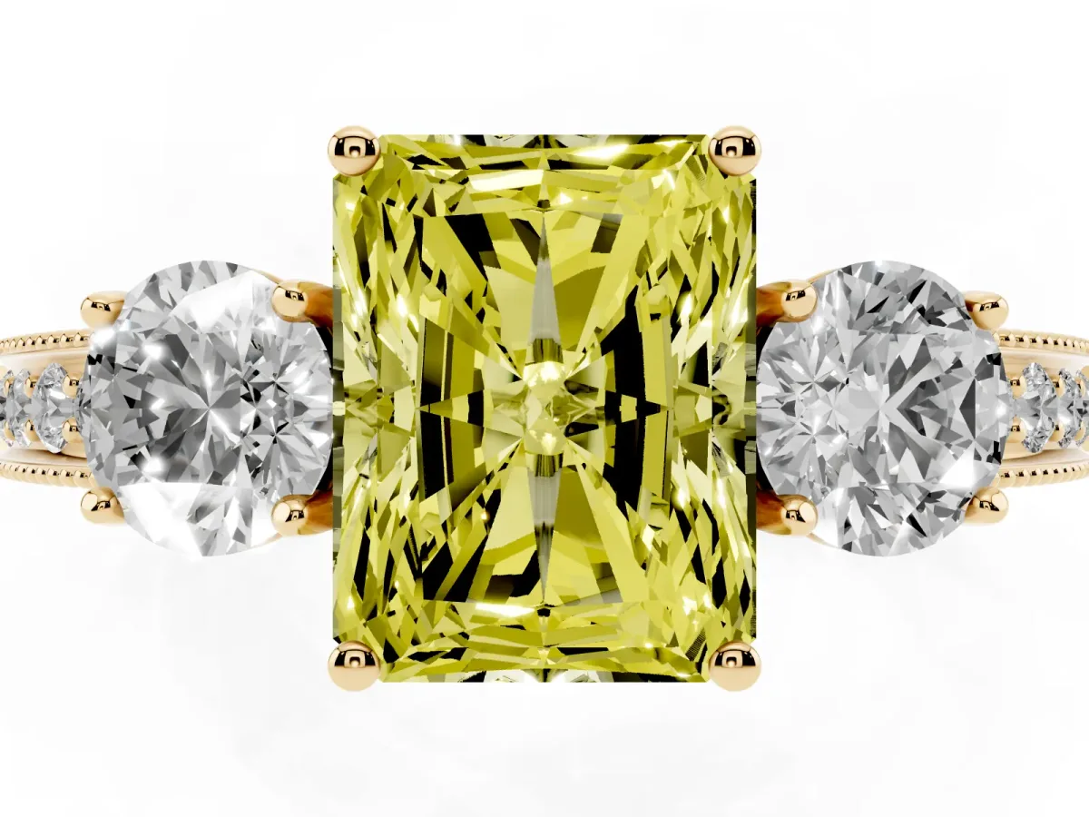 Fancy Yellow Radiant Cut Three-Stone Diamond Ring with Pavé Band and Four-Prong Setting Yellow gold