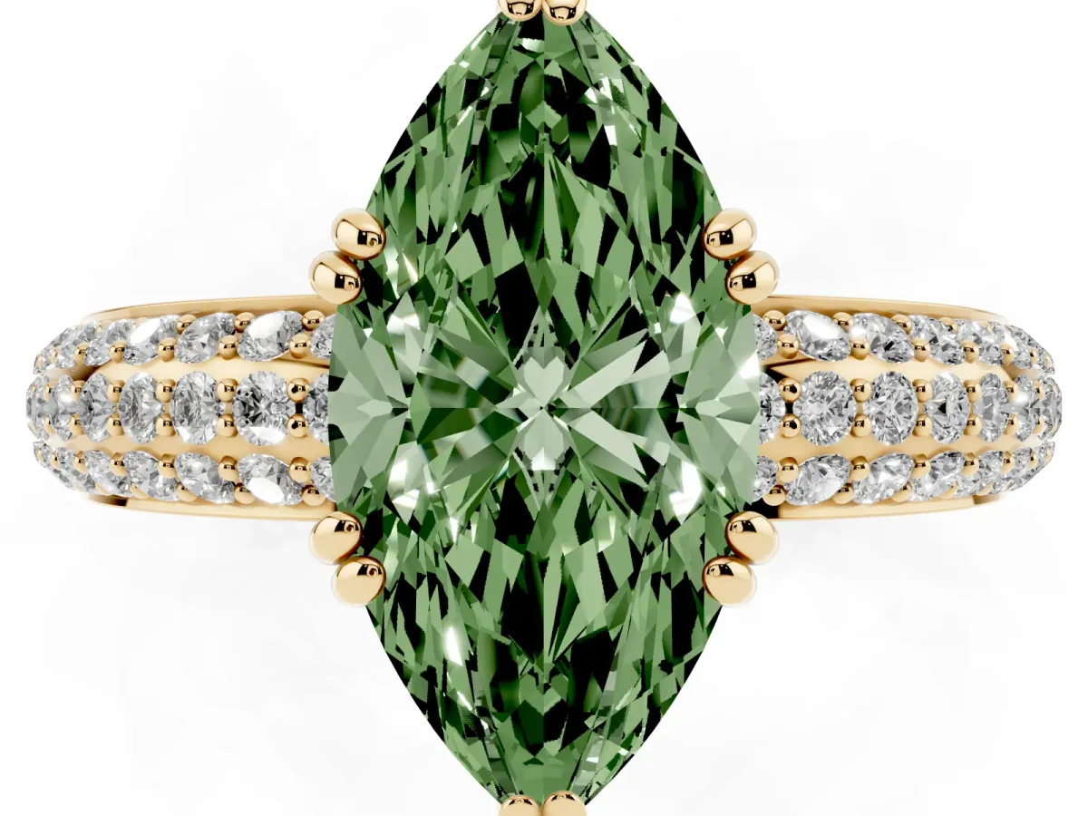 Fancy Green Marquise Cut Diamond Solitaire Ring with Multi-Row Round Pavé Band and Prong Setting Yellow gold
