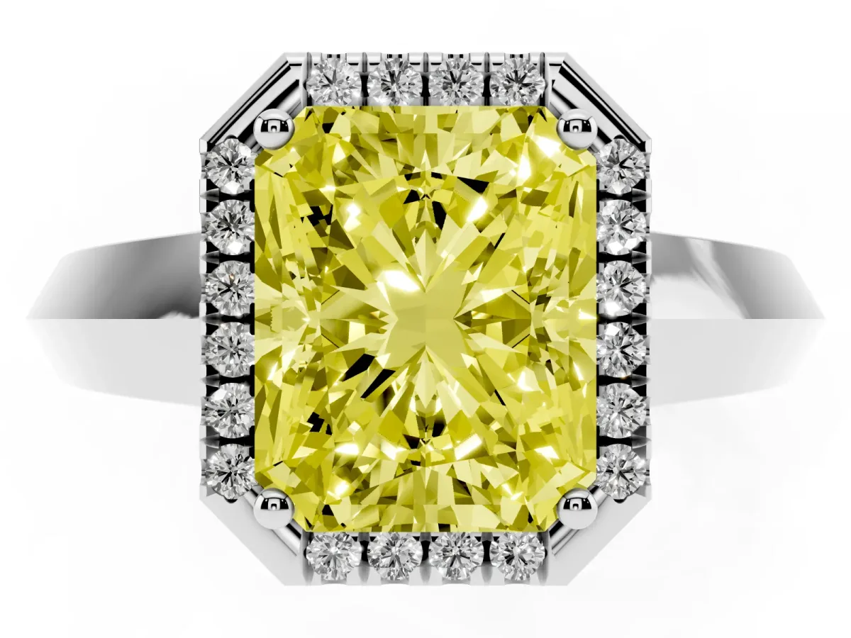 Fancy Yellow Radiant Cut Halo Diamond Ring with Cathedral Band and Four-Prong Setting White gold