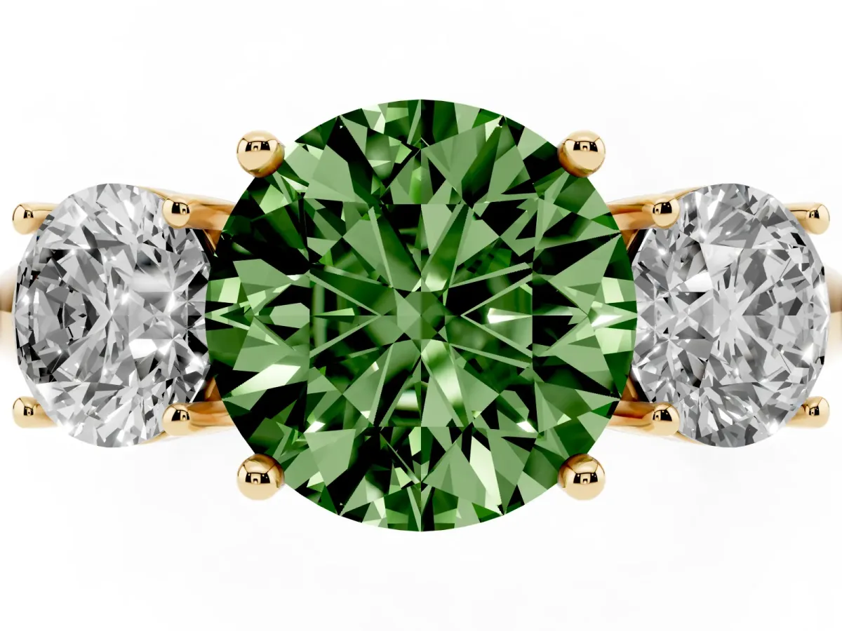Fancy Green Three-Stone Round Cut Cut Diamond Engagement Ring with Prong Setting on a White Gold Band Yellow gold