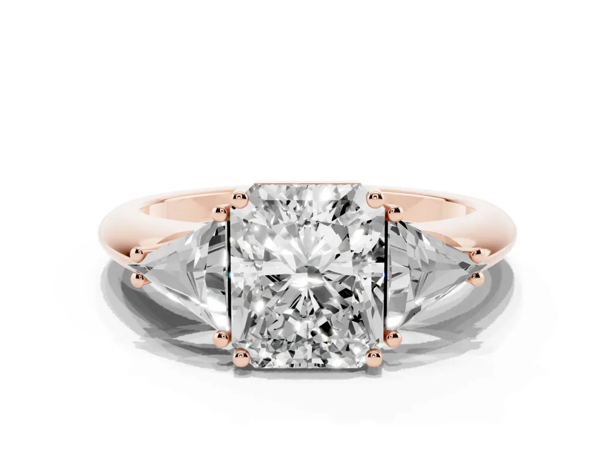 Three-Stone Radiant Cut Diamond Engagement Ring with Trillion Side Stones and Prong Setting Rose gold