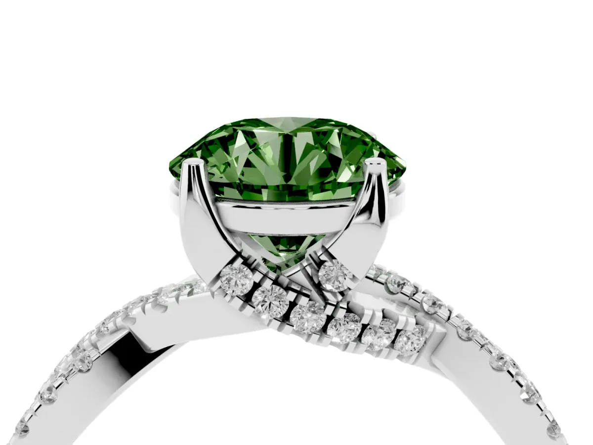 Fancy Green Round Cut Solitaire Twist Pave Diamond Engagement Ring with Prong Setting Silver