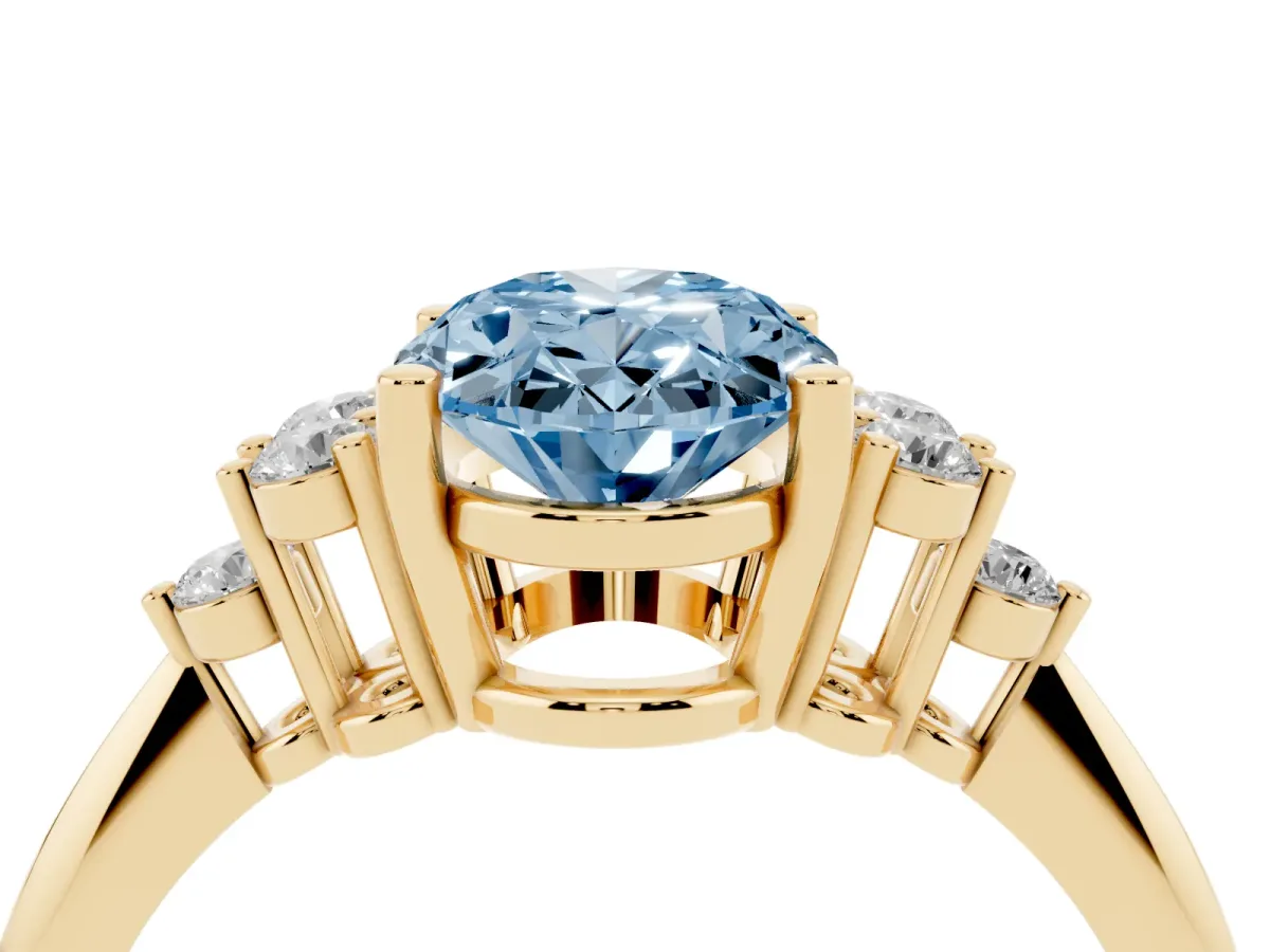 Fancy Blue Oval Cut Cut Diamond Cluster Ring with Solitaire Band and Four-Prong Setting Yellow gold