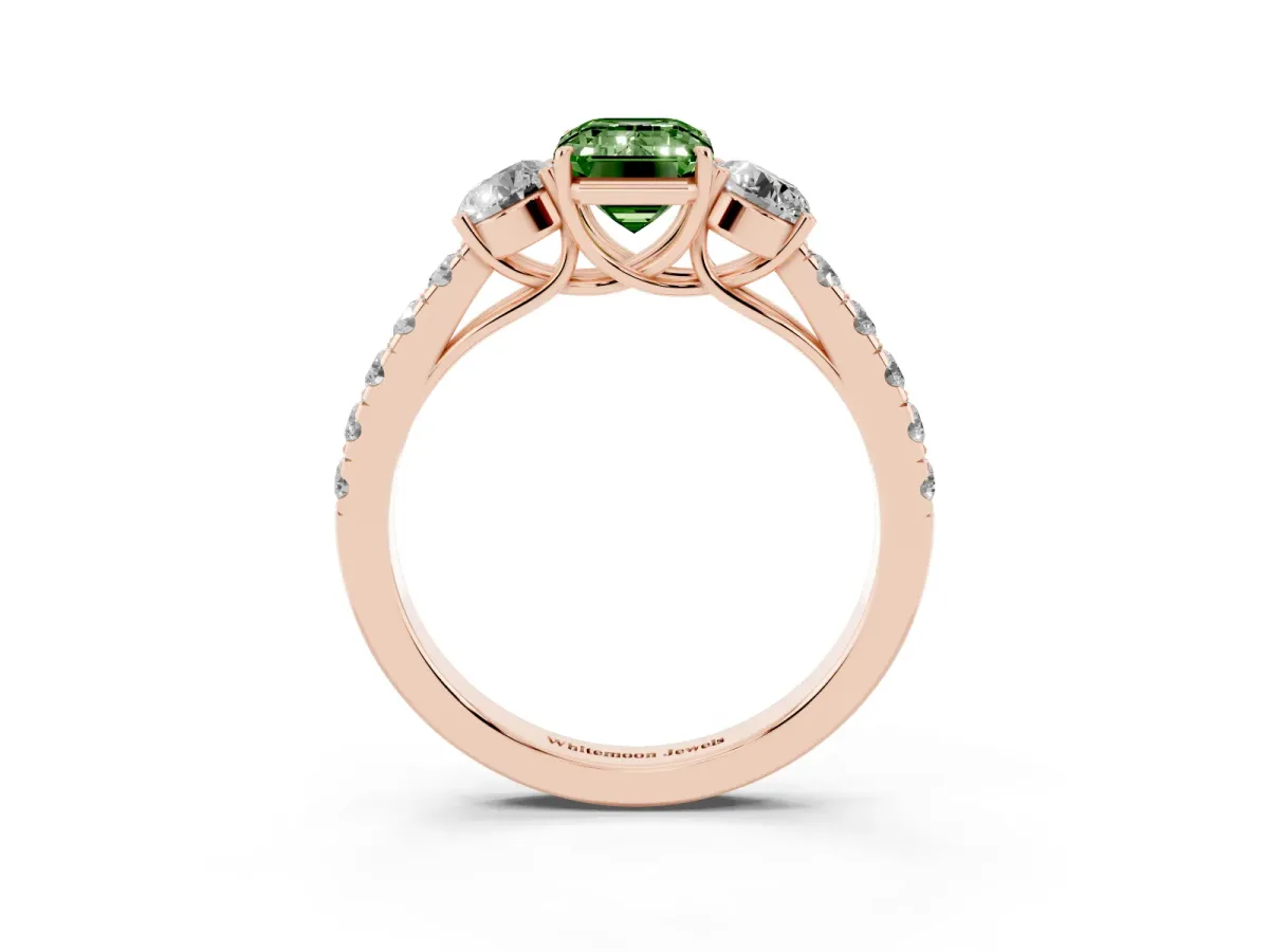 Fancy Green Emerald Cut Cut Diamond Three-Stone Ring with Round Side Stones and Pavé Band Rose gold
