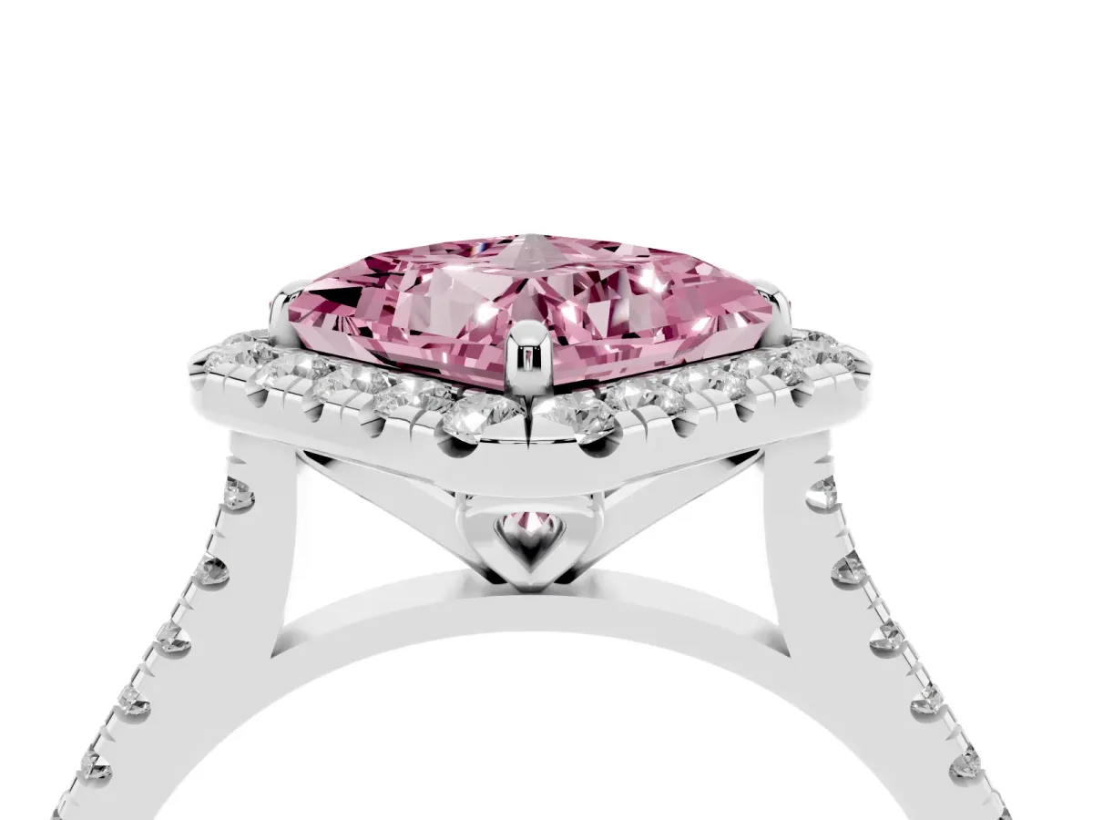 Fancy Pink Princess Cut Diamond Cushion Halo Ring with Pavé Band White gold