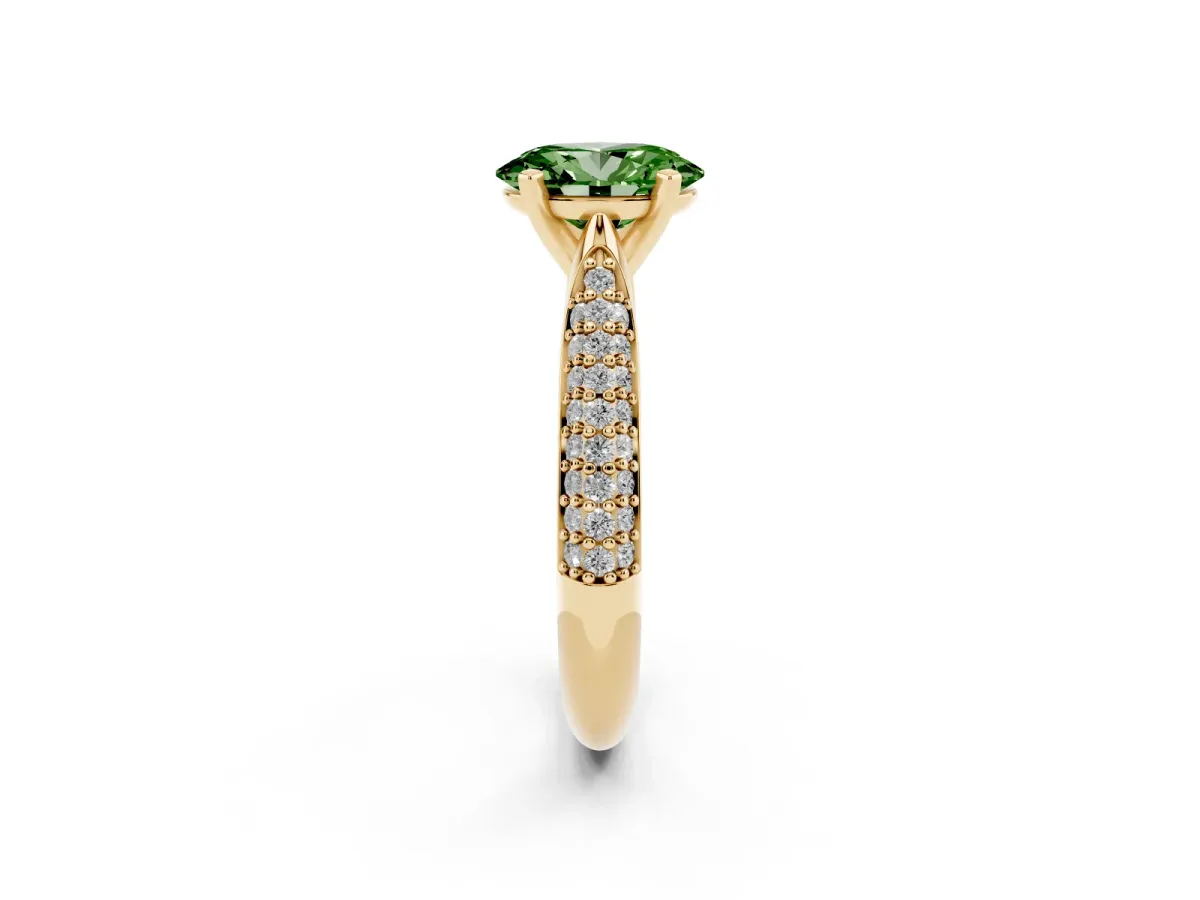 Fancy Green Oval Cut Diamond Solitaire Engagement Ring with Multi-Row Round Pavé Band and Prong Setting Yellow gold