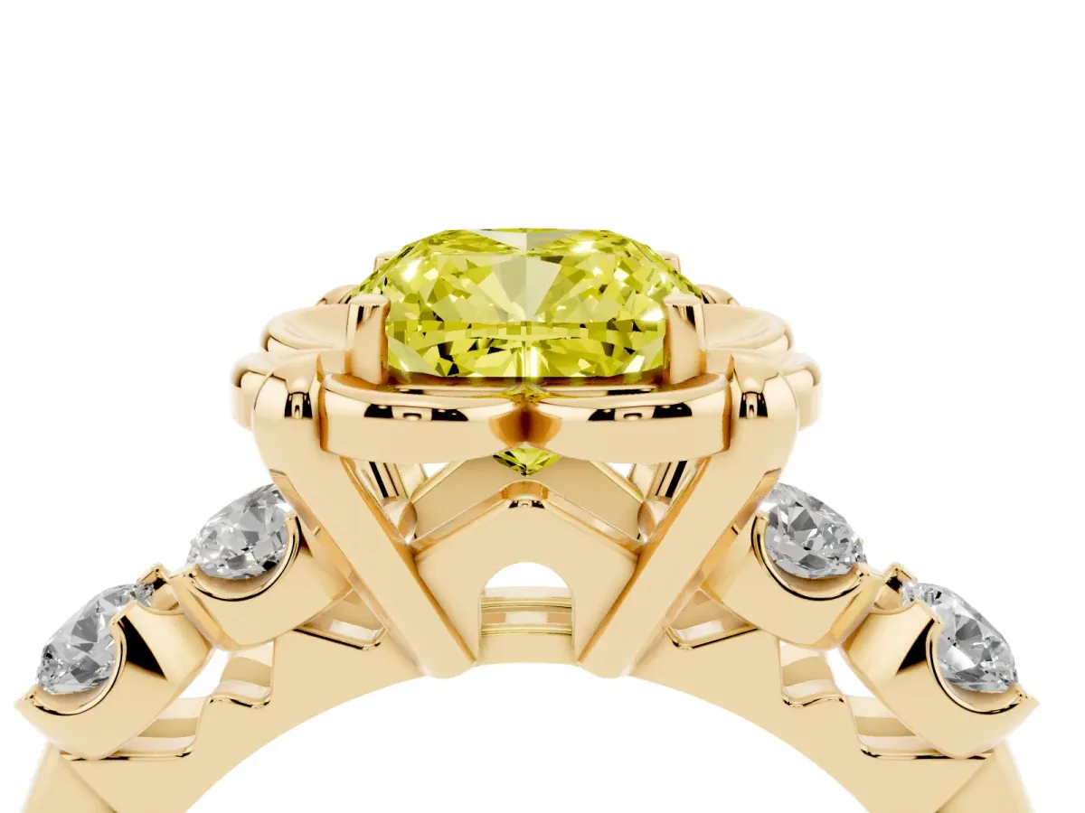 Fancy Yellow Cushion Cut Cut Diamond Floral Halo Engagement Ring with Shared Prong Setting Yellow gold