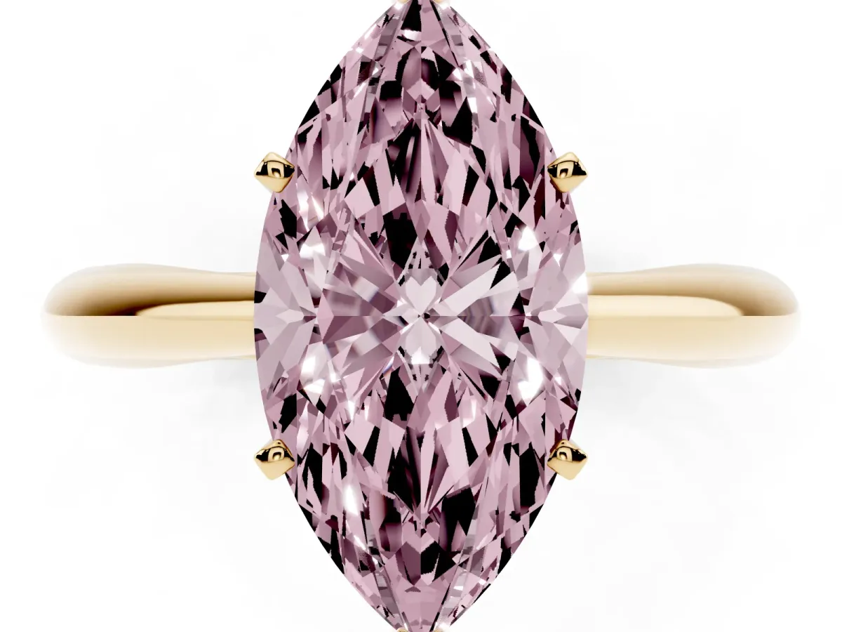 Fancy Pink Marquise Cut Diamond Solitaire Engagement Ring with Cathedral Setting and Four-Prong Mount Yellow gold
