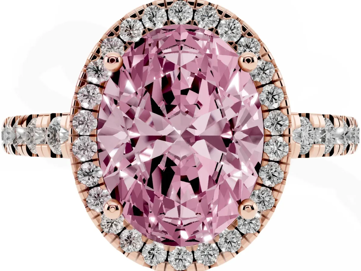 Fancy Pink Oval Cut Diamond Halo Ring with Pavé Band and Four-Prong Setting Rose gold