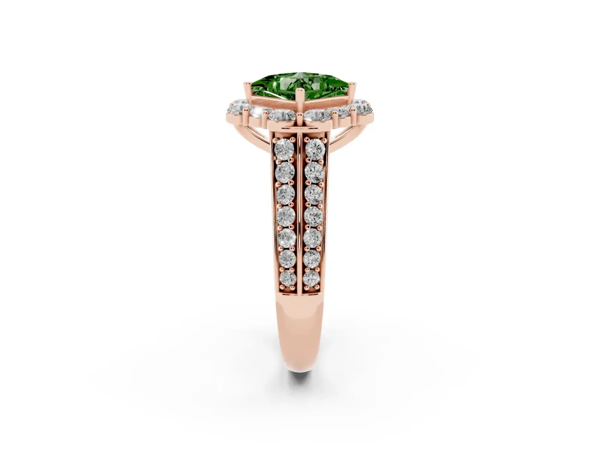 Fancy Green Princess Cut Halo Diamond Engagement Ring with Split Shank and Prong Setting Rose gold