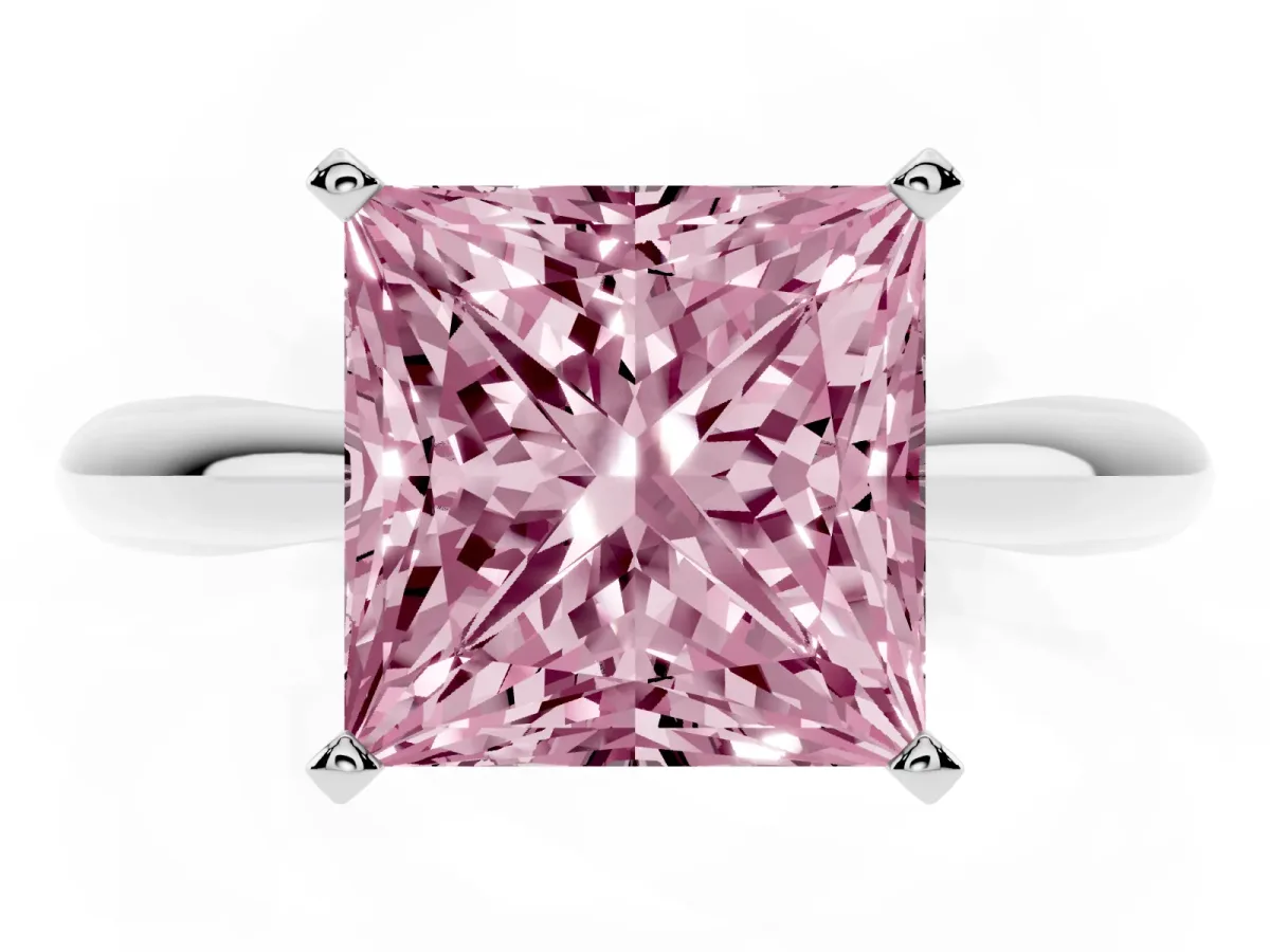 Fancy Pink Princess Cut Diamond Solitaire Engagement Ring with Cathedral Setting and Four-Prong Mount Silver