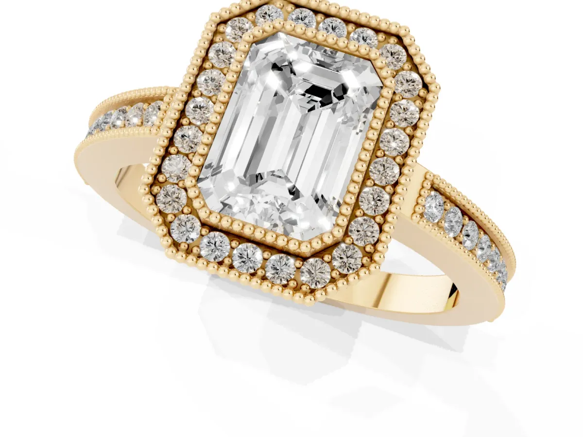 Emerald Cut Cut Halo Diamond Ring with Pavé Band and Milgrain Prong Setting Yellow gold