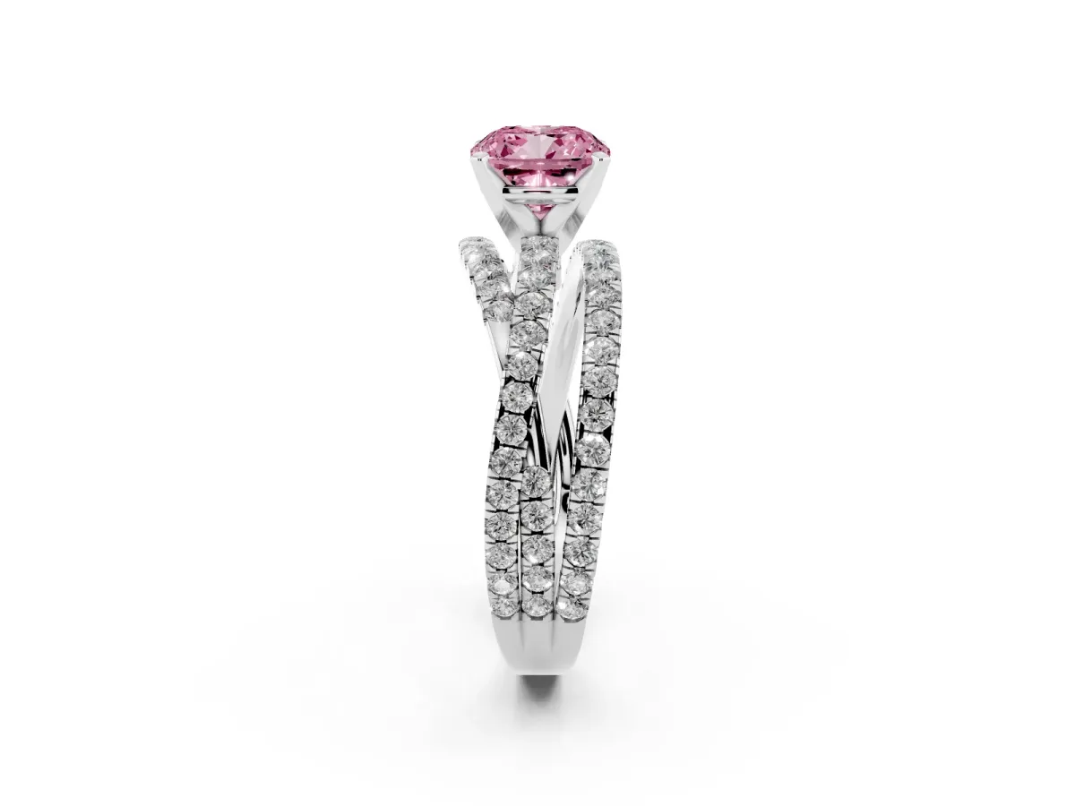 Fancy Pink Cushion Cut Solitaire Twist Band with Pavé Setting and Four-Prong Setting Silver