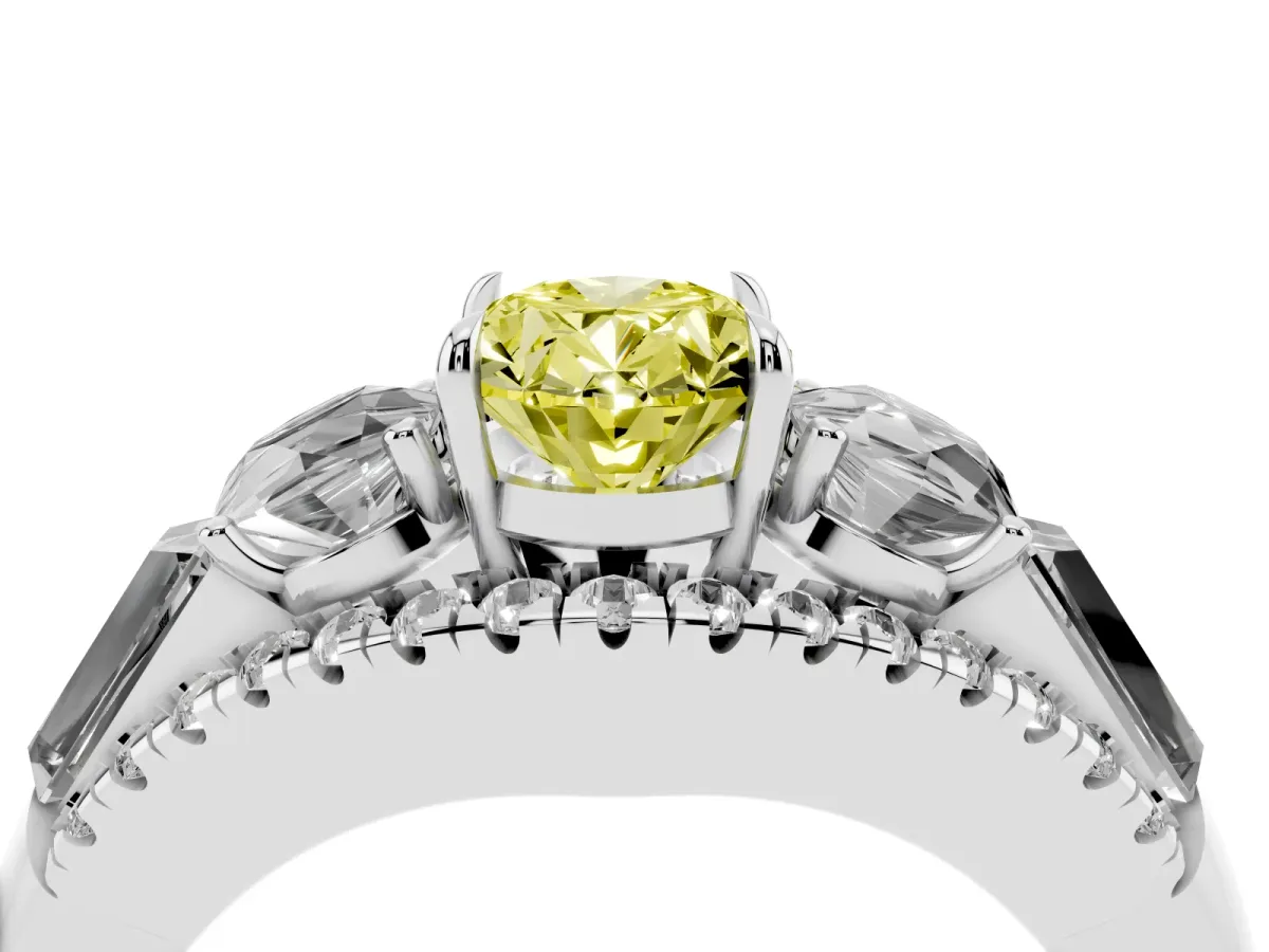 Fancy Yellow Three-Stone Oval Cut Diamond Engagement Ring with Pave Band and Prong Setting Silver