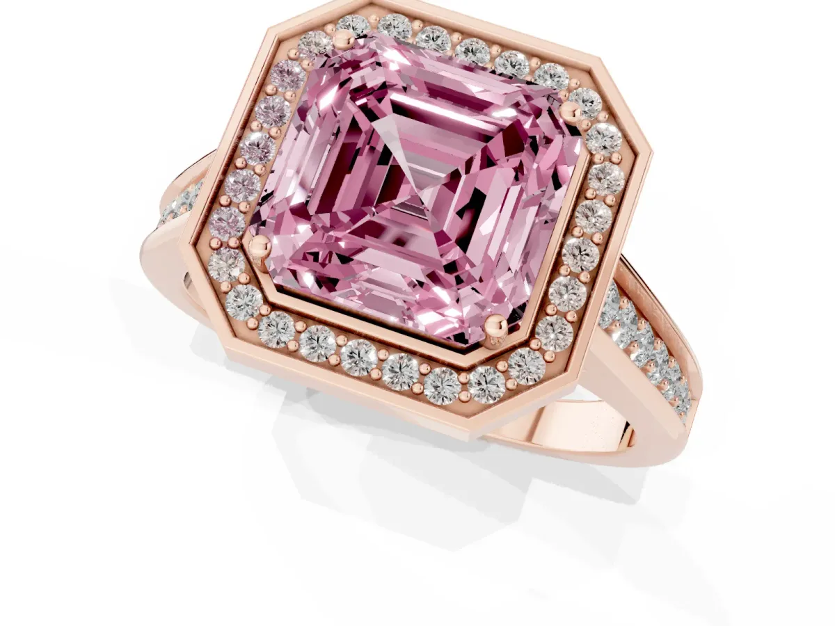 Fancy Pink Asscher Cut Halo Solitaire Diamond Ring with Pave Band and Bezel Setting Rose gold