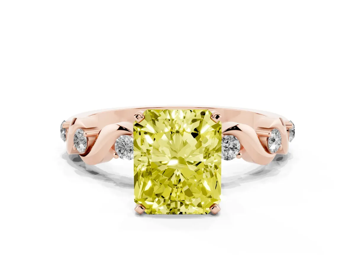 Fancy Yellow Radiant Cut Diamond Solitaire Twisted Band with Round Accents and Prong Setting Rose gold