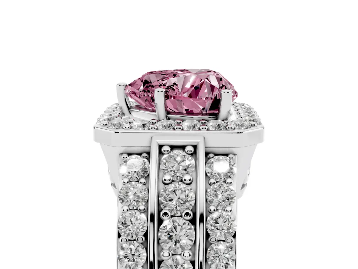 Fancy Pink Heart Cut Halo Diamond Ring with Round Split Shank and Prong Setting Platinum