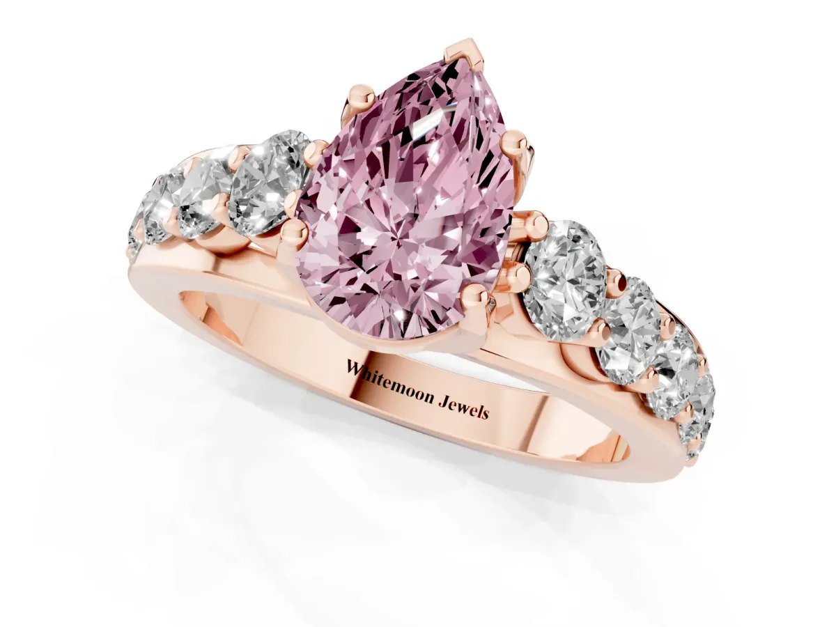 Fancy Pink Pear Cut Diamond Engagement Ring with Pavé Band and Four-Prong Setting Rose gold