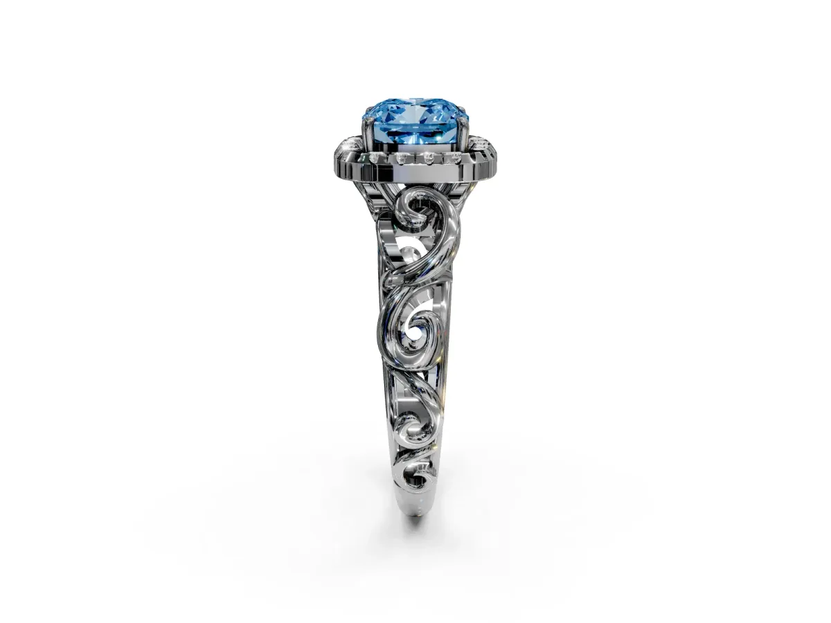 Fancy Blue Cushion Cut Cut Halo Diamond Ring with Scrollwork Band and Four-Prong Setting Silver