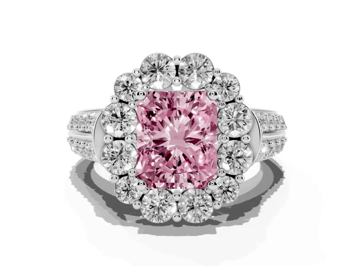 Fancy Pink Radiant Cut Halo Diamond Engagement Ring with Split Shank and Prong Setting Silver