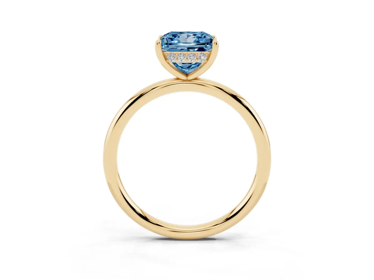 Fancy Blue Princess Cut Solitaire Diamond Ring with a Classic Band and Four-Prong Setting Yellow gold