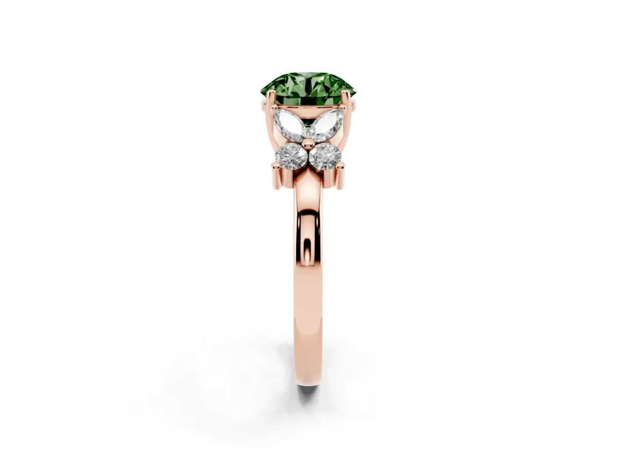 Fancy Green Round Cut Diamond Floral Cluster Ring with Solitaire Band and Prong Setting Rose gold