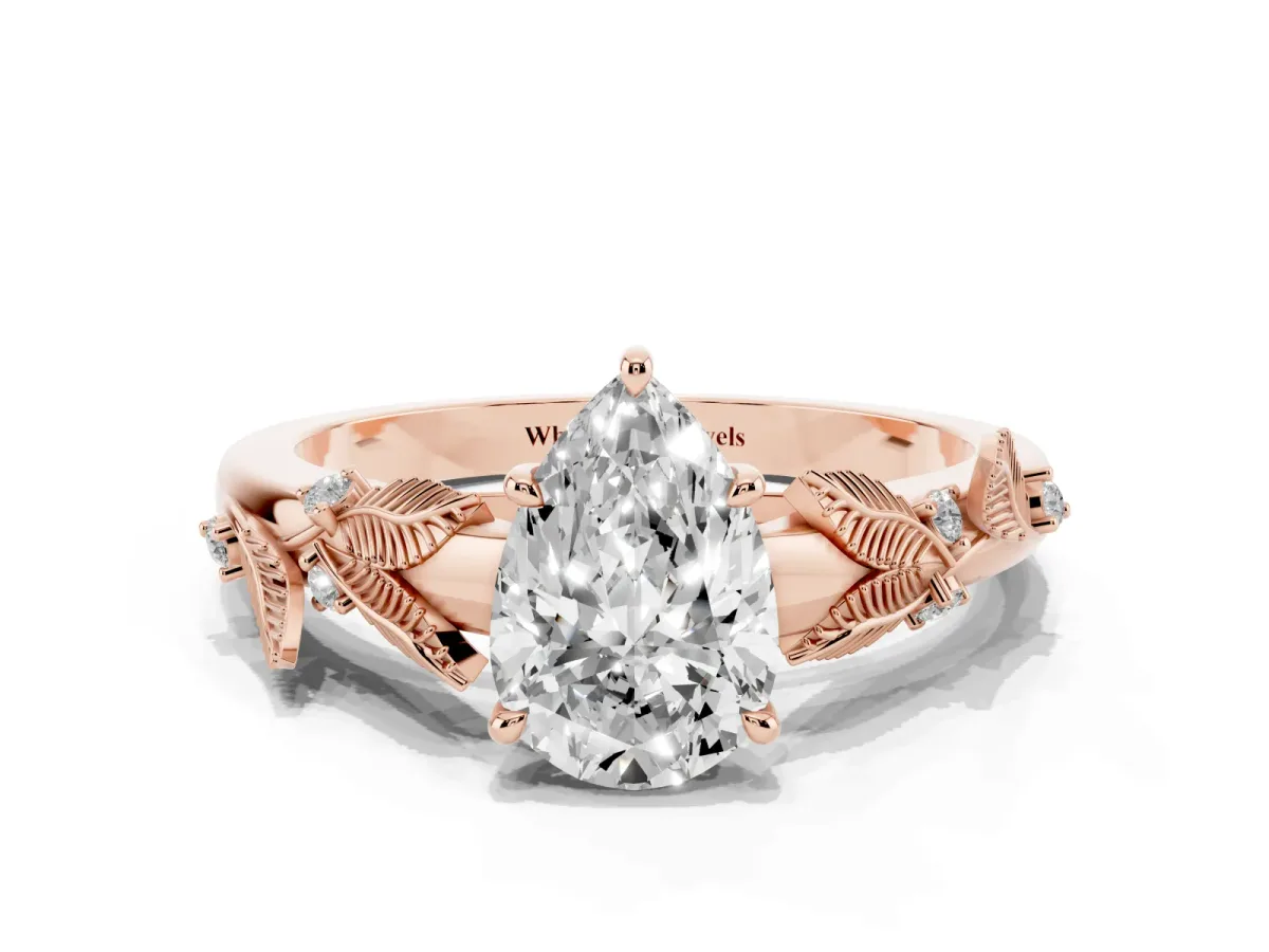 Pear Cut Diamond Solitaire Ring with Leaf Motif Band and Four-Prong Setting Rose gold