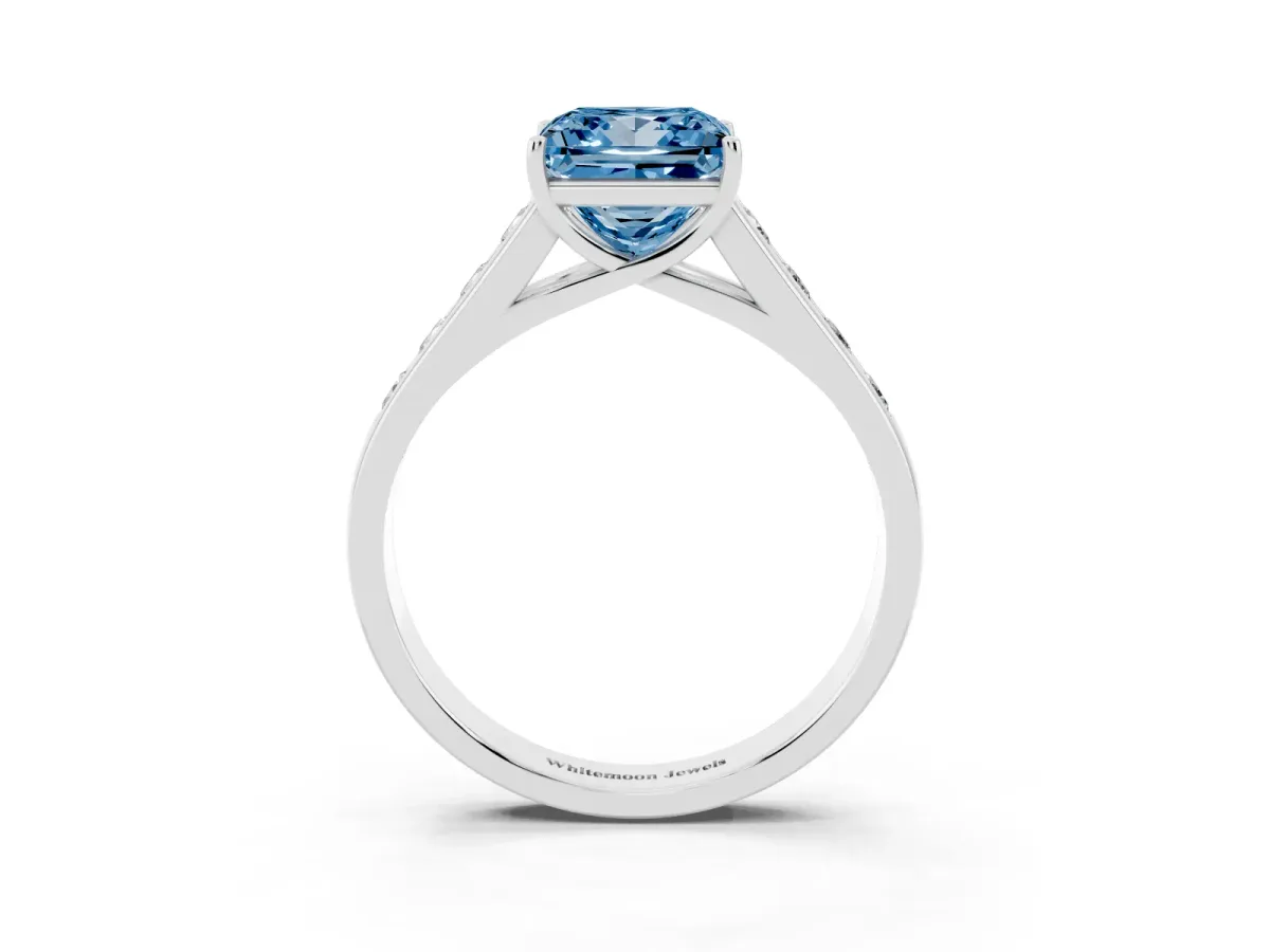 Fancy Blue Princess Cut Brilliant Channel-Set Solitaire Ring with Four-Prong Setting Silver