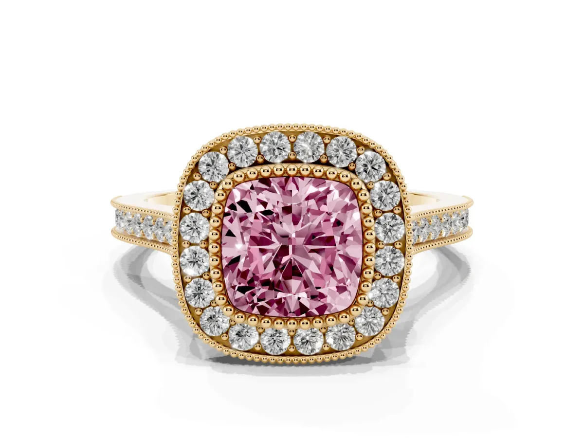 Fancy Pink Cushion Cut Diamond Halo Ring with Milgrain Frame and Pavé Band Yellow gold