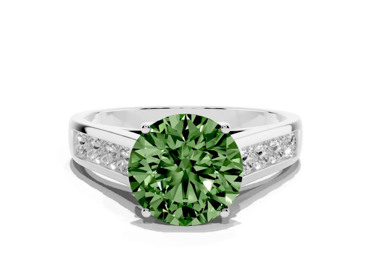 Fancy Green Round Cut Solitaire Channel-Set Diamond Engagement Ring with Four-Prong Setting Platinum