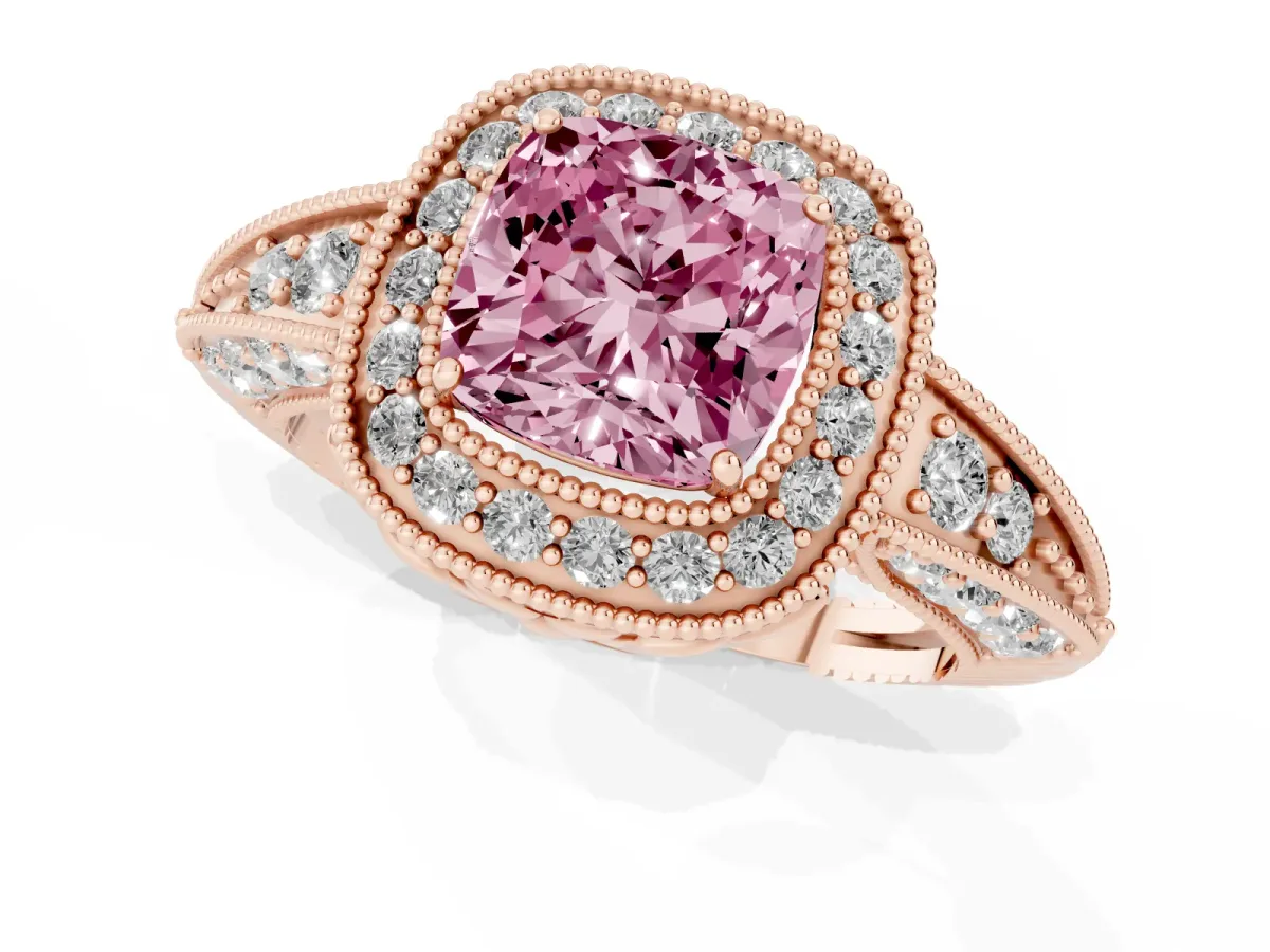 Fancy Pink Cushion Cut Halo Diamond Split Shank Ring with Milgrain Detail Rose gold