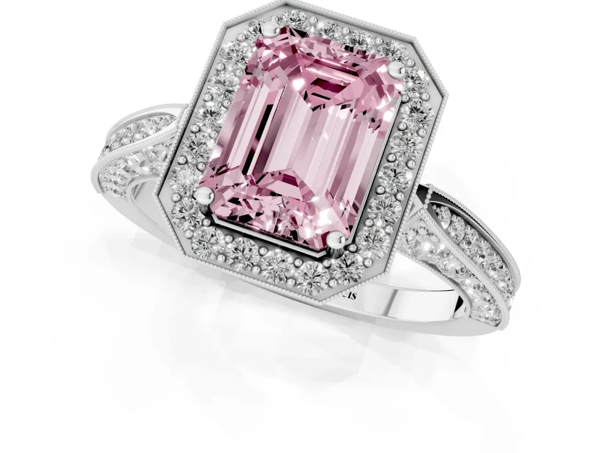 Fancy Pink Emerald Cut Halo Diamond Engagement Ring with Split Shank Band and Four-Prong Setting Platinum
