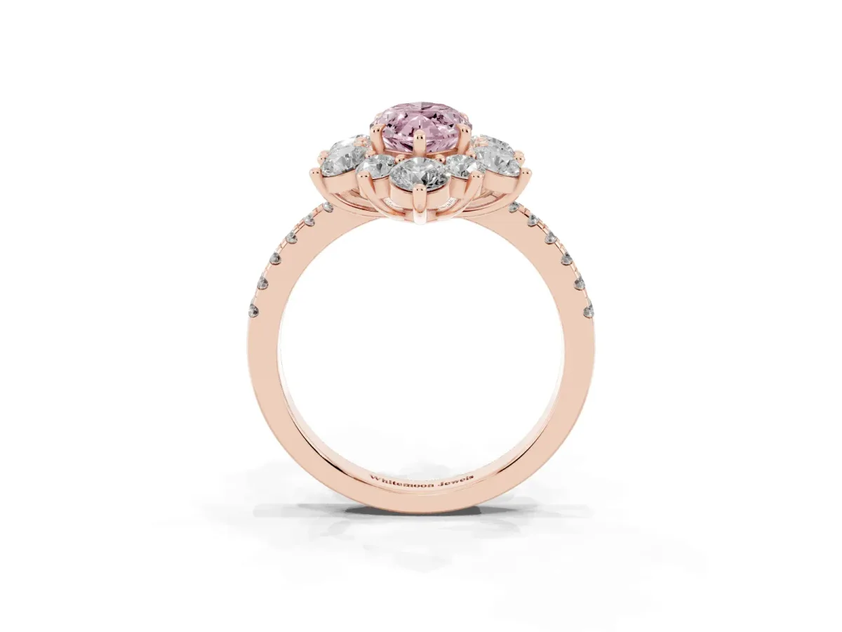 Fancy Pink Marquise Cut Diamond Floral Halo Ring with Round Pavé Band and Prong Setting Rose gold