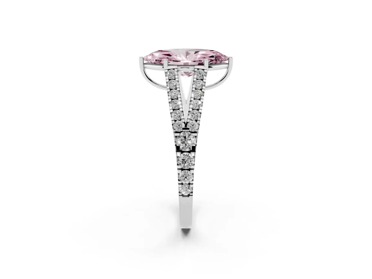 Fancy Pink Marquise Cut Diamond Split Shank Engagement Ring with Round Pavé and Prong Setting Silver