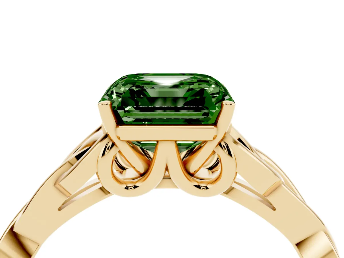 Fancy Green Asscher Cut Diamond Solitaire Engagement Ring with Celtic Knot Band and Four-Prong Setting Yellow gold