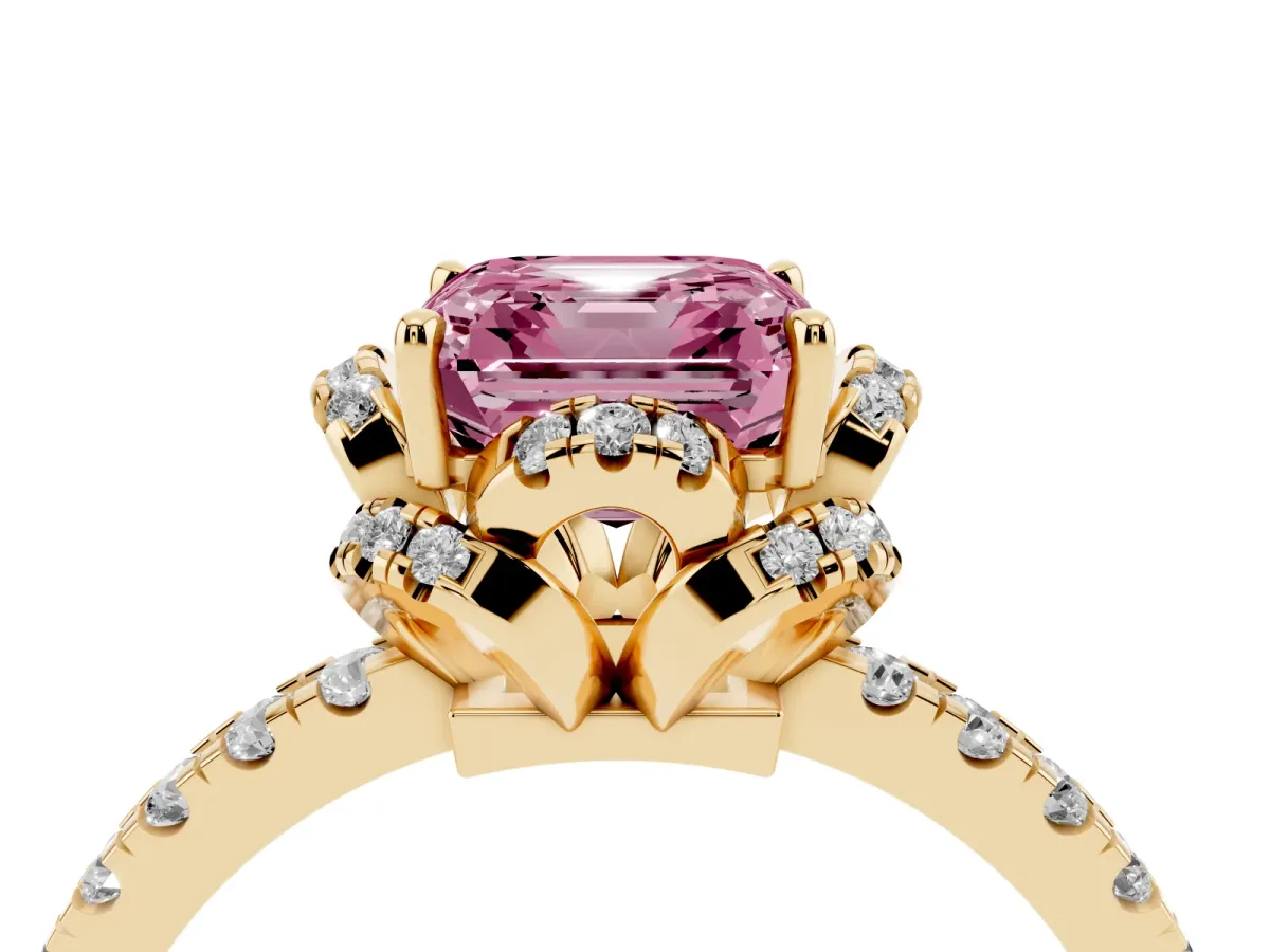 Fancy Pink Asscher Cut Diamond Halo Pave Band with Four-Prong Setting Yellow gold
