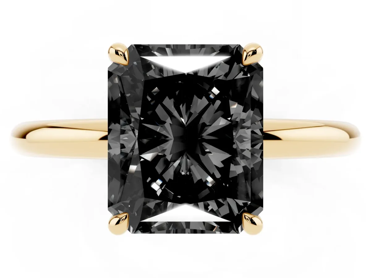 Fancy Black Radiant Cut Diamond Solitaire Ring with Thin Band and Four-Prong Setting Yellow gold
