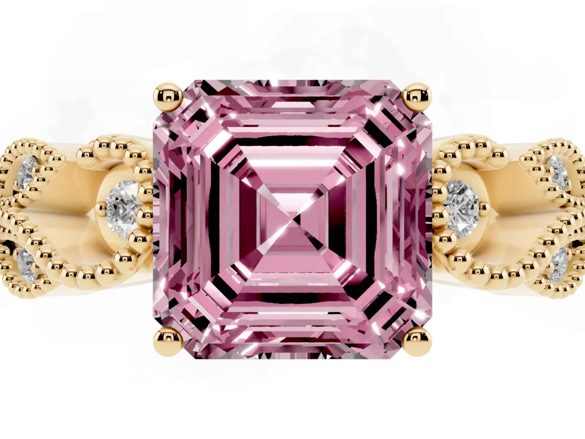 Fancy Pink Asscher Cut Solitaire Milgrain Leaf Band with Prong Setting Yellow gold