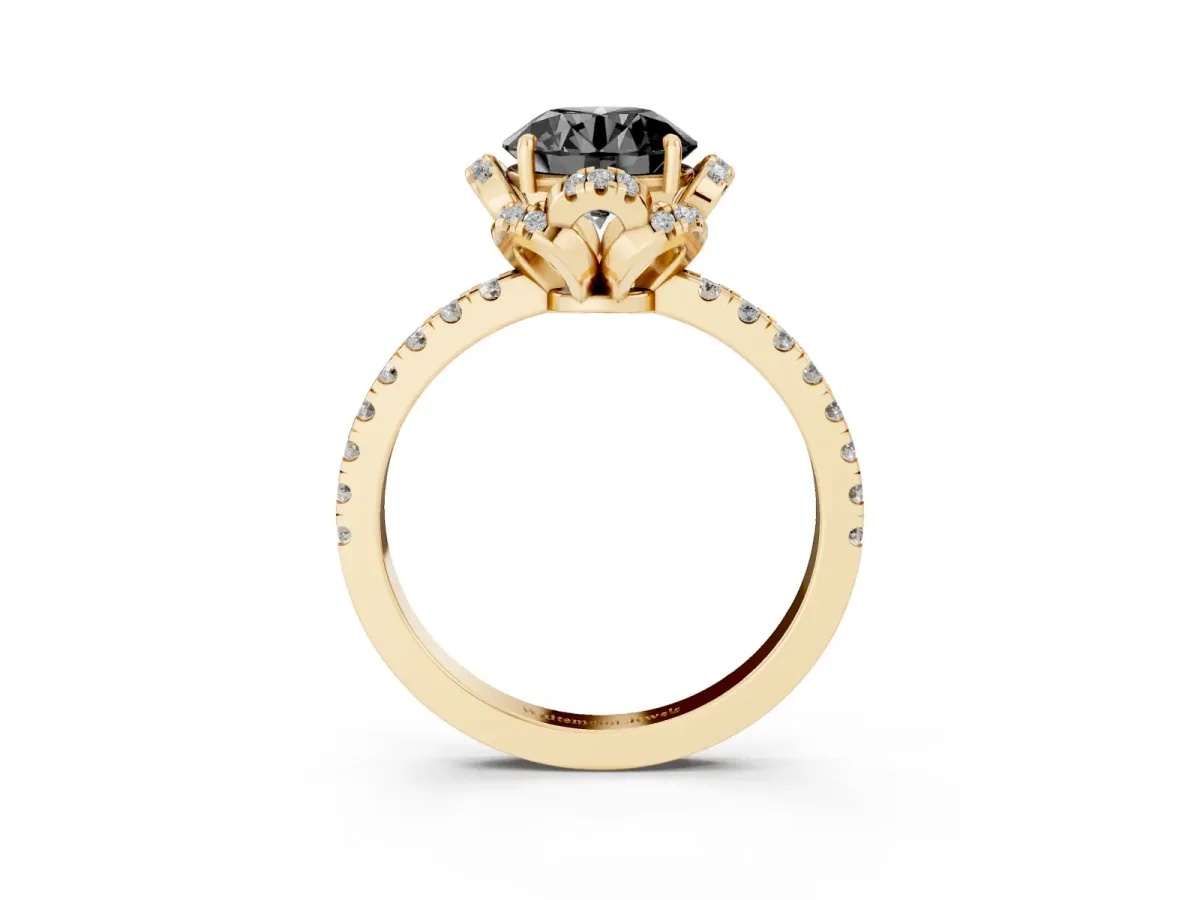 Fancy Black Round Cut Diamond Halo Pave Band with Four-Prong Setting Yellow gold