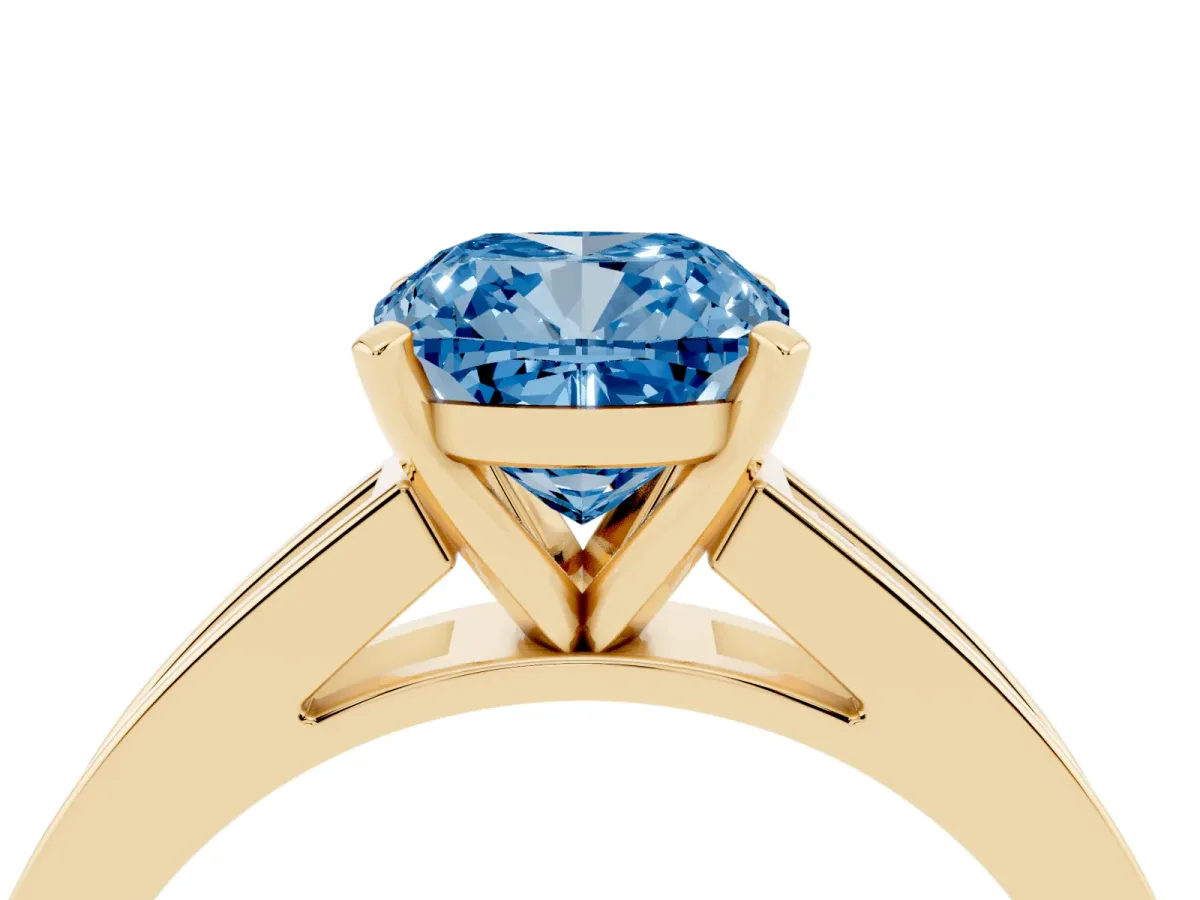 Fancy Blue Cushion Cut Solitaire Diamond Ring with Channel-Set Band and Four-Prong Setting Yellow gold