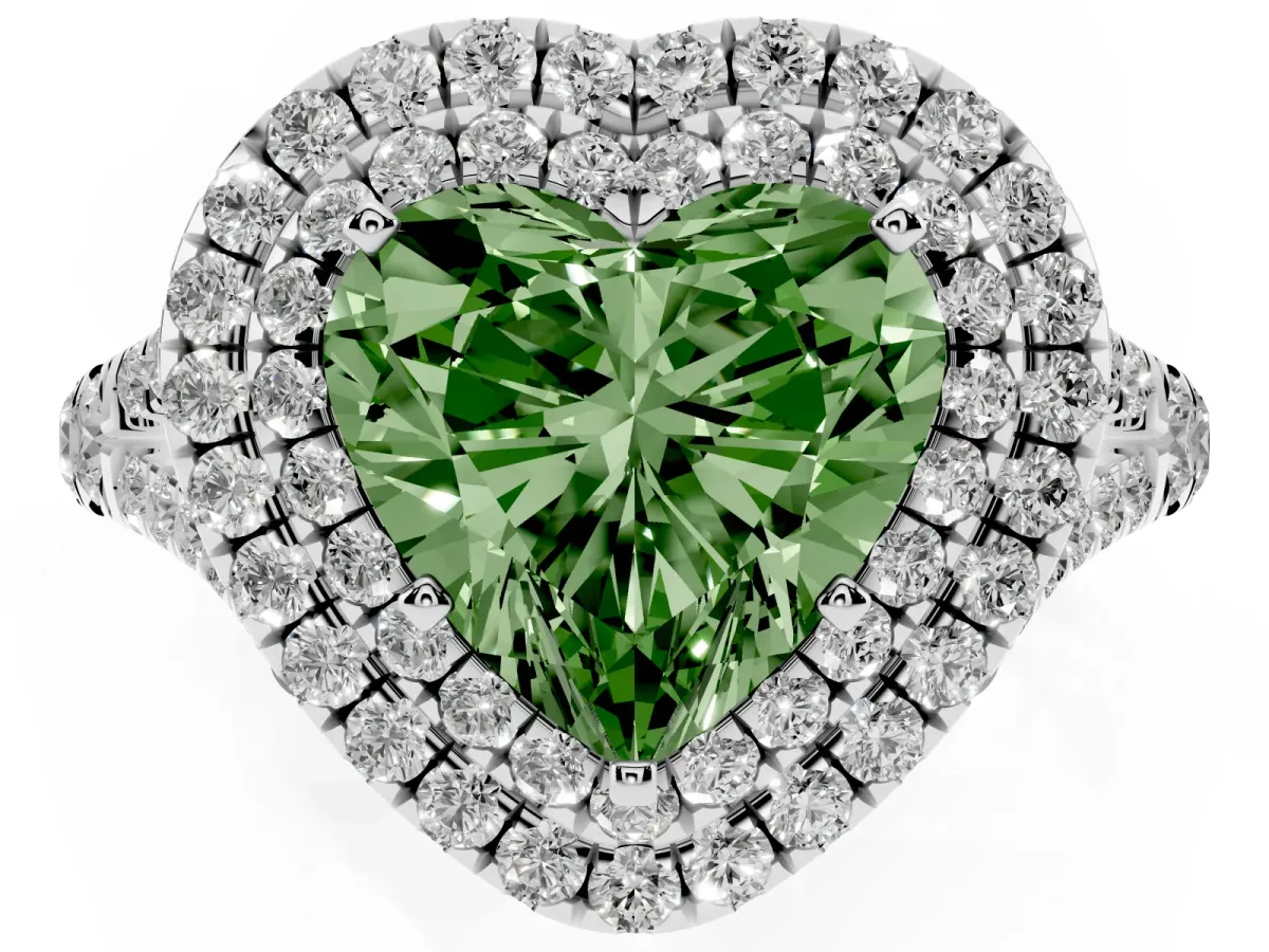 Fancy Green Double Halo Heart Cut Diamond Split Shank Engagement Ring with Four-Prong Setting Silver