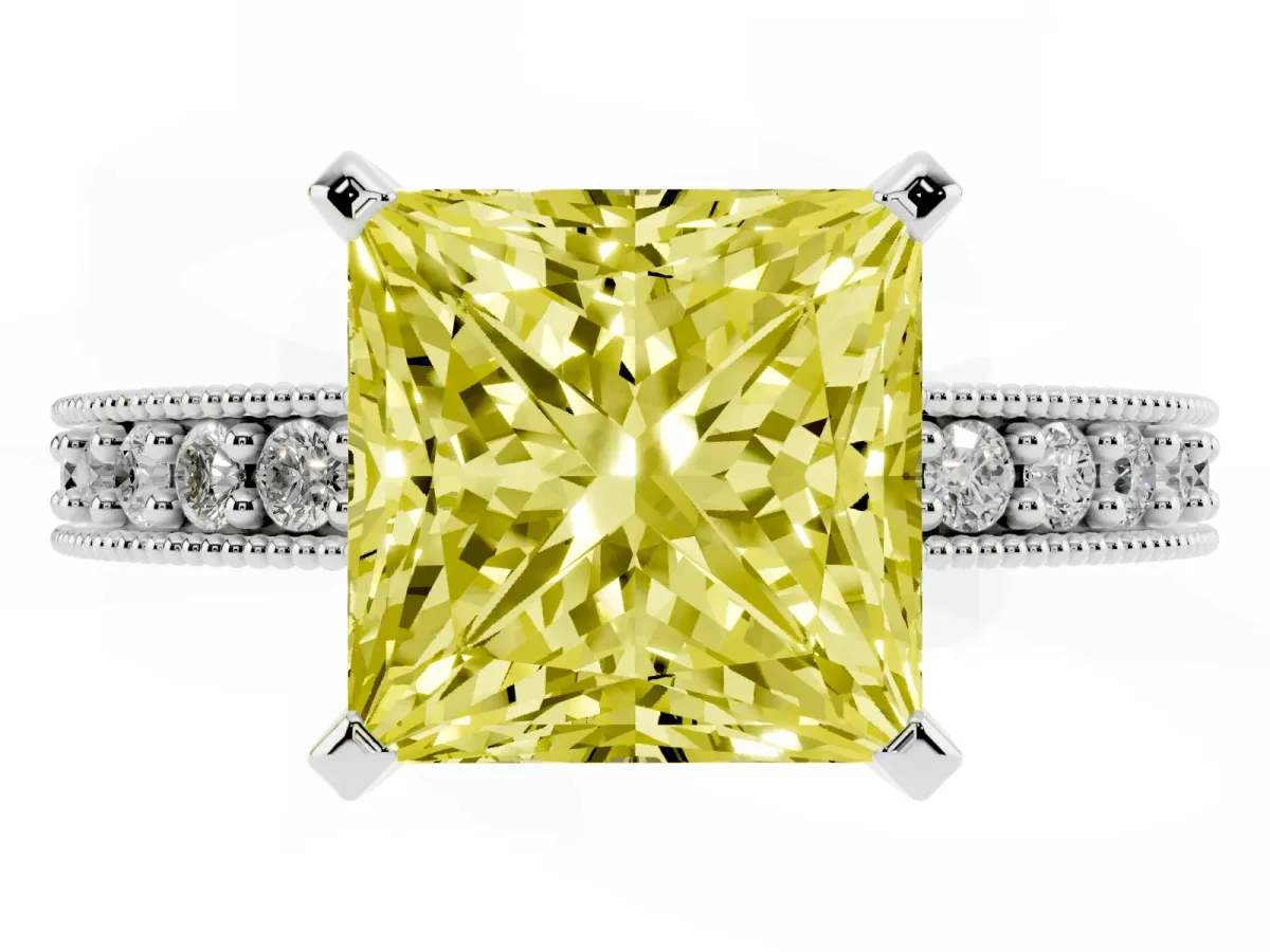 Fancy Yellow Princess Cut Diamond Milgrain Pavé Engagement Ring with Four-Prong Setting Silver